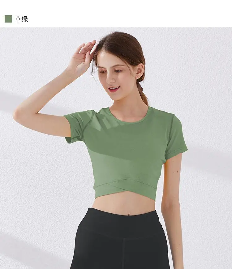 Новинка, Женская быстросохнущая футболка с коротким рукавом и перекрестным подолом для фитнеса, укороченный топ, дышащая Сексуальная эластичная Облегающая рубашка для йоги
