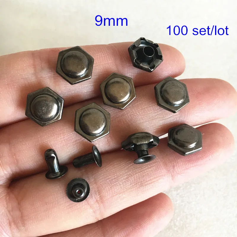 100 set Hexagon Rivet Stud Spikes,9mm Embossment Top Black Rivet,Rapid Rivet Studs Decoration