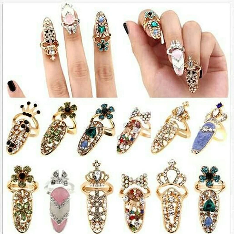 

3pcs/set Fashion Crystal Nail Ring Women Alloy Art Nail Decor Adjustable Nail Jewelry for Ladies for Girls