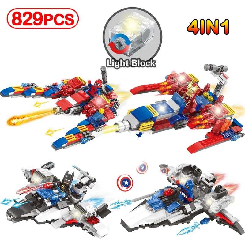

829pcs LegoINGLY Super Hero Figures Models Alliance Spaceship Building Blocks LED Crystal Light Bricks Kits For Kids Toys Gifts