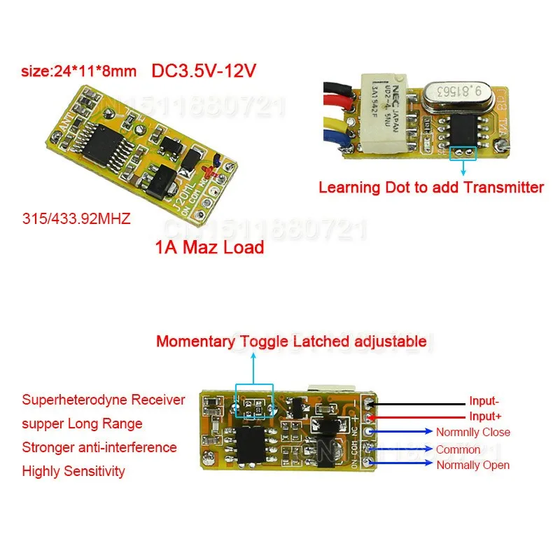 Мини-реле дистанционного переключателя DC3.7V 4,2 V 5V 6V 7,4 V 8,4 V 9V 12V Выход 0V сухая Контактное реле значение для переключения без COM NC 315/433