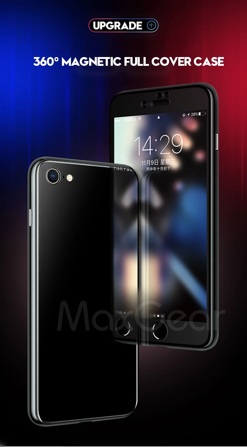 MaxGear Магнитный адсорбционный чехол на 360 градусов для iPhone X, 8 PLUS, 7, 6, 6S Plus, Магнитный чехол из закаленного стекла для IPhone 7, 8, полное покрытие