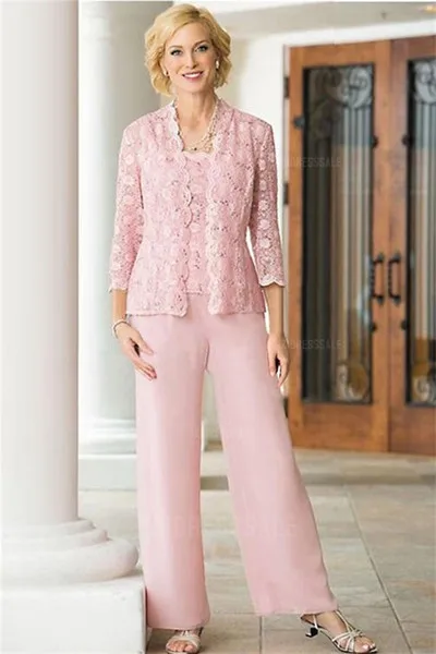 Pink Mother Of The Bride Pant Suits With Jacket Three Pieces Chiffon Lace Applique Plus Size Mother Of Groom Dress For Wedding