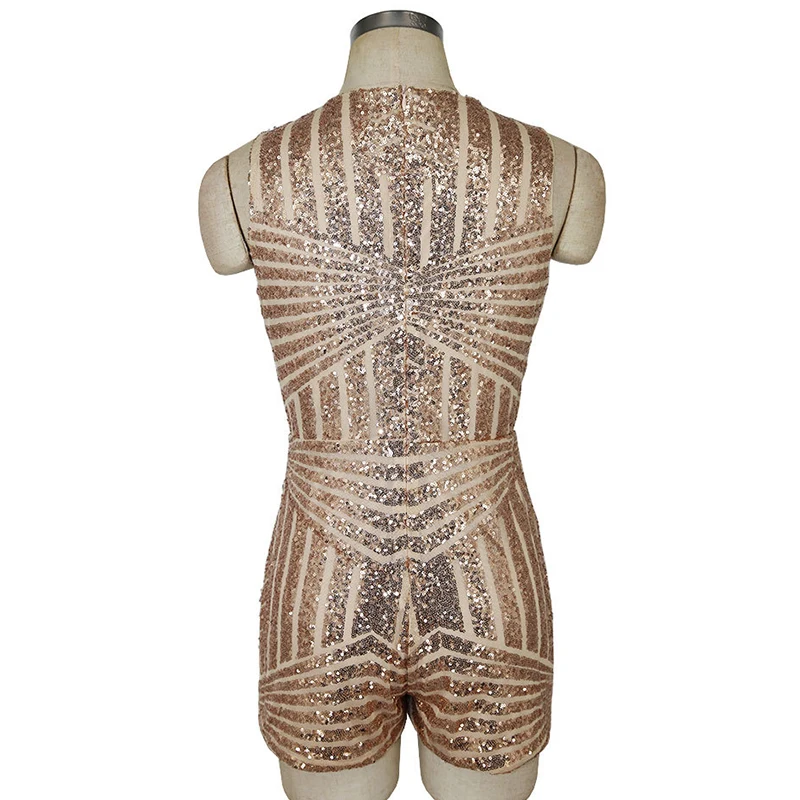2018 Summer Gold Sequin Embroidery Elegant Sexy Jumpsuit Romper Transparent Mesh Sleeve Playsuit Women Deep V Neck Overalls