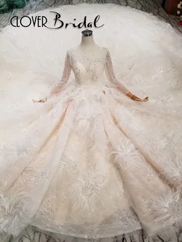 شراءCloverBridal أحدث ضوء الشمبانيا الوهم الرقبة و الأكمام الكريستال اللؤلؤ الترتر الريش فستان الزفاف 2019 2 متر القطار