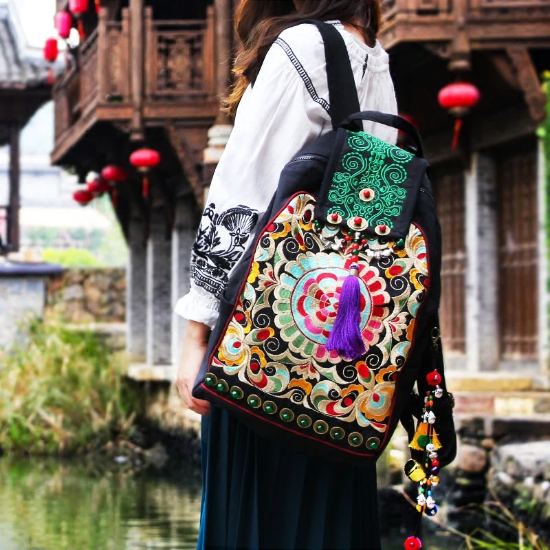 ETAILL китайский стиль Вышитые холщовые рюкзаки с кисточкой винтажные Модные женские дорожные Рюкзаки Школьный рюкзак Mochila
