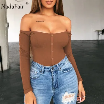 

Nadafair Long Sleeve Off Shoulder Sexy Bodysuit Women Buttons Plus Size Rib Knitted Bodysuit Femme Bodycon Jumpsuit Short Romper