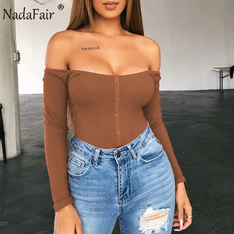 Nadafair Long Sleeve Off Shoulder Sexy Bodysuit Women Buttons Plus Size Rib Knitted Bodysuit Femme Bodycon Jumpsuit Short Romper Nadafair Long Sleeve Off Shoulder Sexy Bodysuit Women Buttons Plus Size Rib Knitted Bodysuit Femme Bodycon Jumpsuit Short Romper