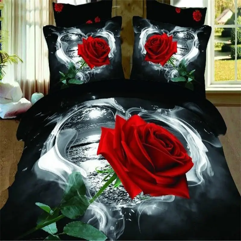 

3D Red Rose bedding sets queen size 4pcs Floral doona black quilt/duvet cover bed linen bedclothes cotton home textile