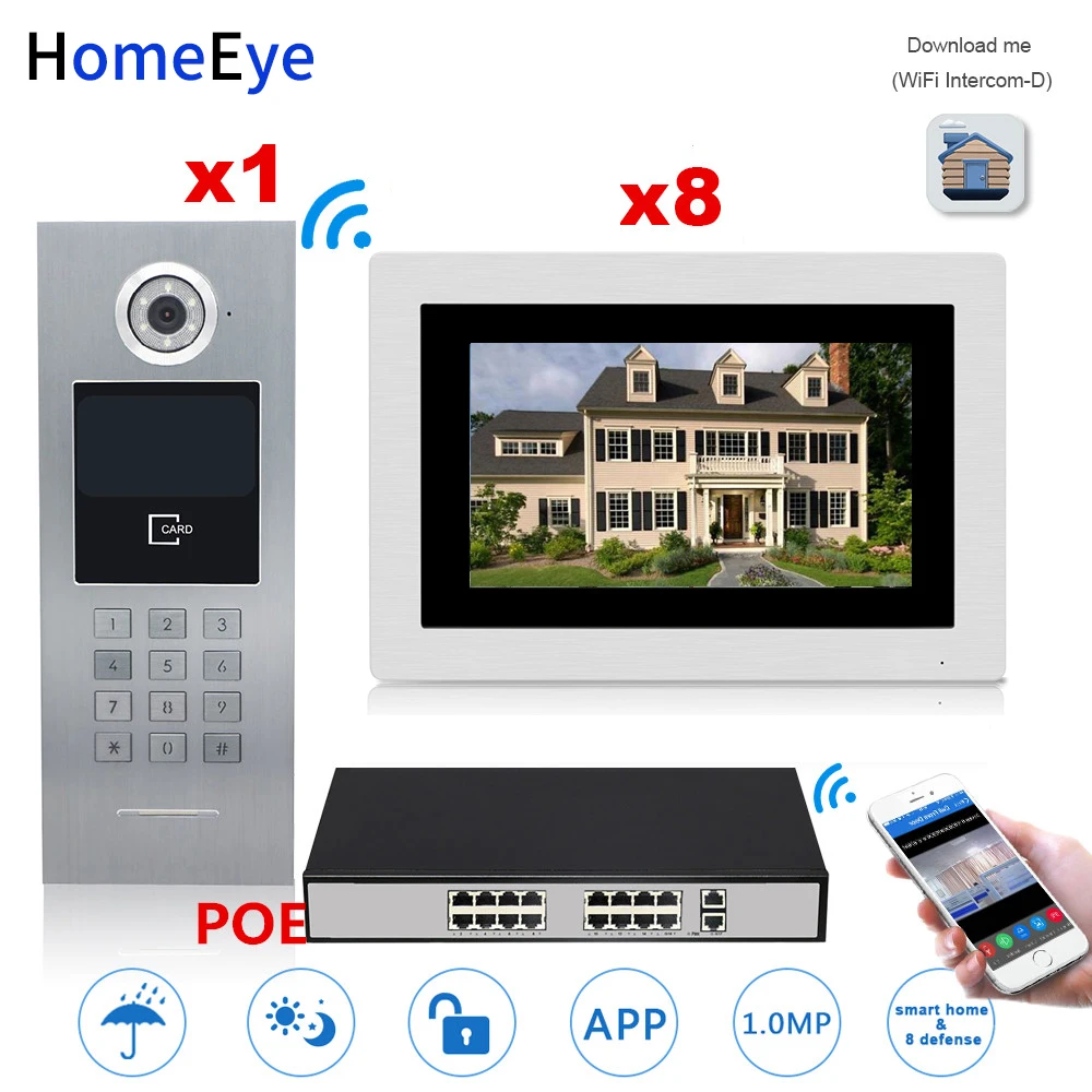 HomeEye 7'' 720P WiFi IP Video Door Phone Video Intercom Home Access Control System Touch Screen Password/RFID Card + POE Switch HomeEye 7'' 720P WiFi IP Video Door Phone Video Intercom Home Access Control System Touch Screen Password/RFID Card + POE Switch