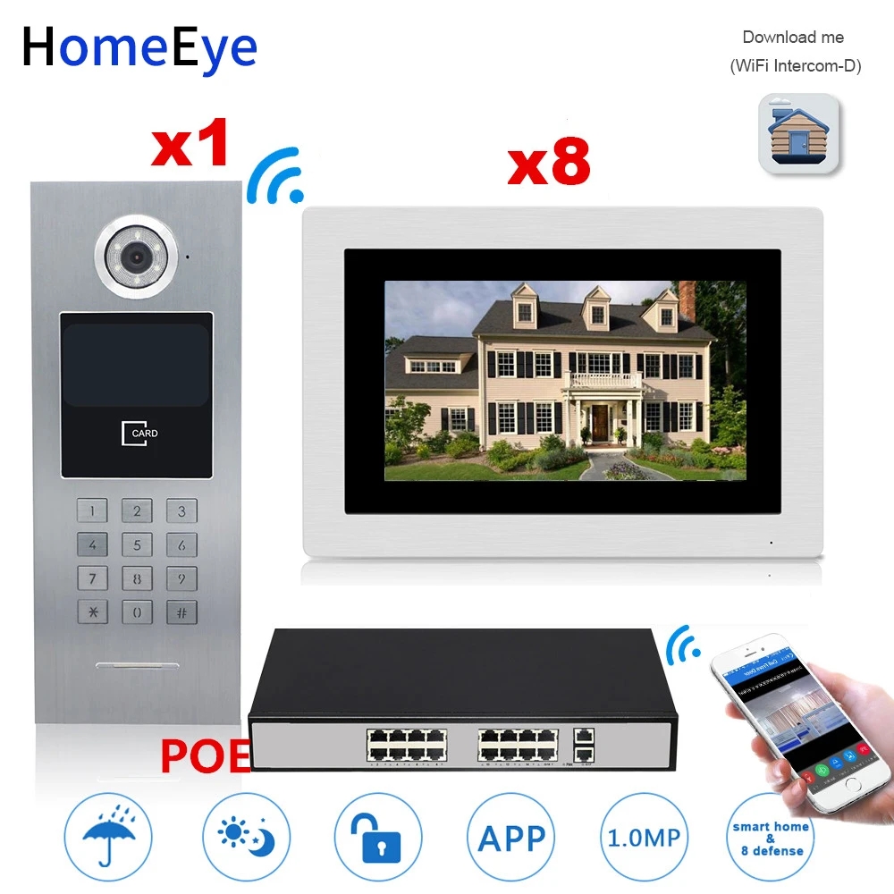 HomeEye 7'' 720P WiFi IP Video Door Phone Video Intercom Home Access Control System Touch Screen Password/RFID Card + POE Switch