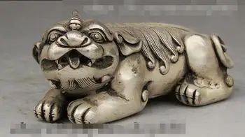 

Folk Chinese Miao Silver Strong Ferocious Qi Lin Dragon Beast Protect Statue