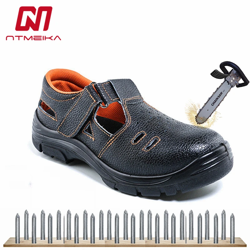 Рабочие сандалии из натуральной кожи; Мужская безопасная обувь из стали; мужская летняя дышащая рабочая обувь; большие размеры 36-44