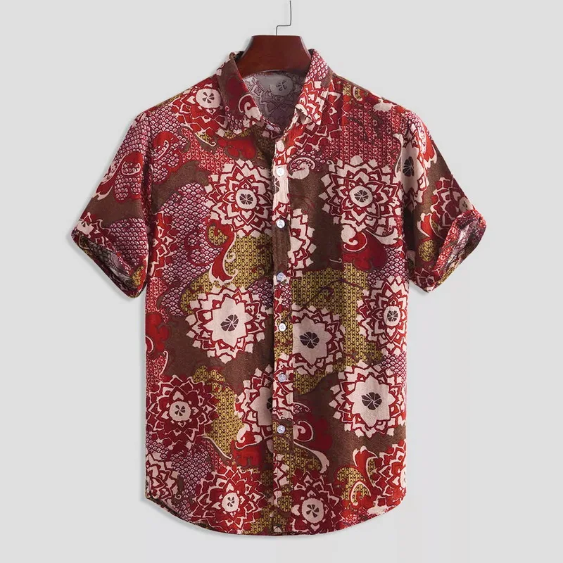 MJARTORIA Men's Retro Beach Shirt Fashion Floral Print Short Sleeve Casual Button Down Ethnic Style Shirt