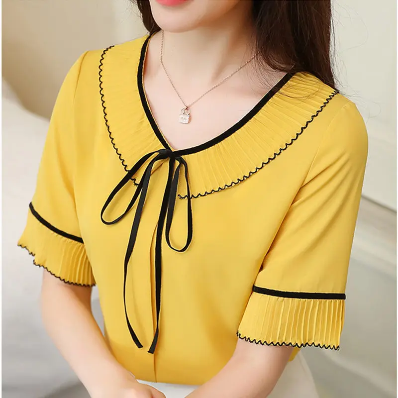 

Summer New Chiffon Shirt Female Round Neck Bow Tie Lotus Leaf Blouse Women Ruffle Sleeve Short-Sleeved Ladies Tops Plus Size