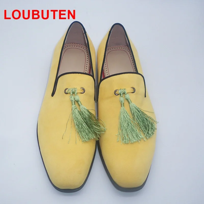 Туфли LOUBUTEN мужские с бахромой желтые бархатные Лоферы ручной работы модная