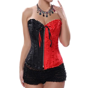

Red And Black Dobby Front Lace Up Zipper Overbust Corset Bustier Sexy Corsage Women Corsetto Gothic Clothing Burlesque Costumes