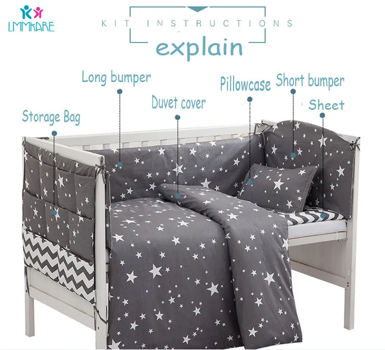 Мягкий Хлопковый бампер для детской кроватки, включает подушки/бамперы/простыни/пододеяльник, бамперы для детской кроватки, комплекты постельного белья с серыми звездами