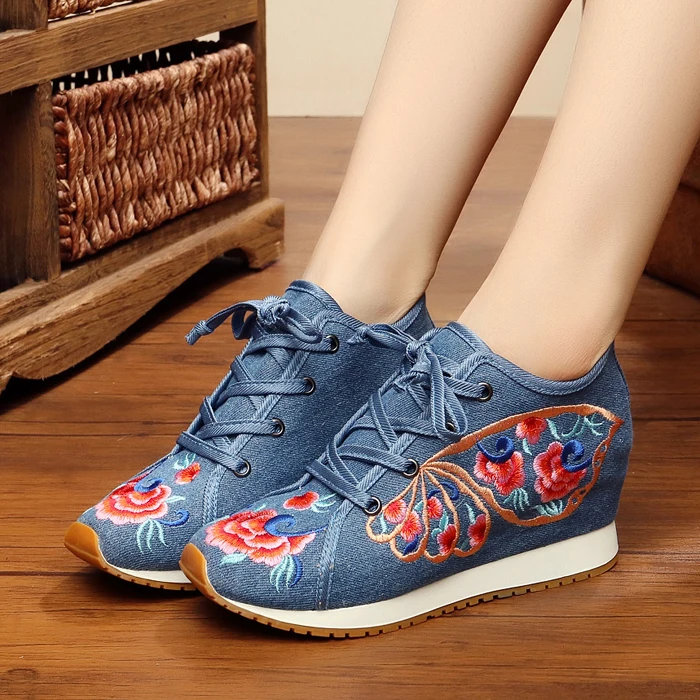 

Increased age season female cloth shoes within national wind embroidered shoes wedges thick bottom single high-heeled shoes lace