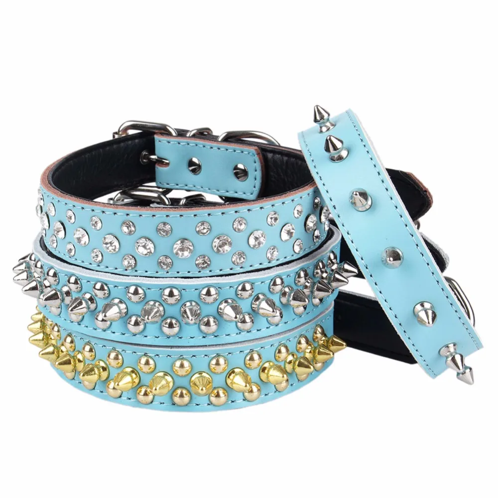 PipiFren Blue Large Dogs Collars Spiked Rhinestone For Puppy