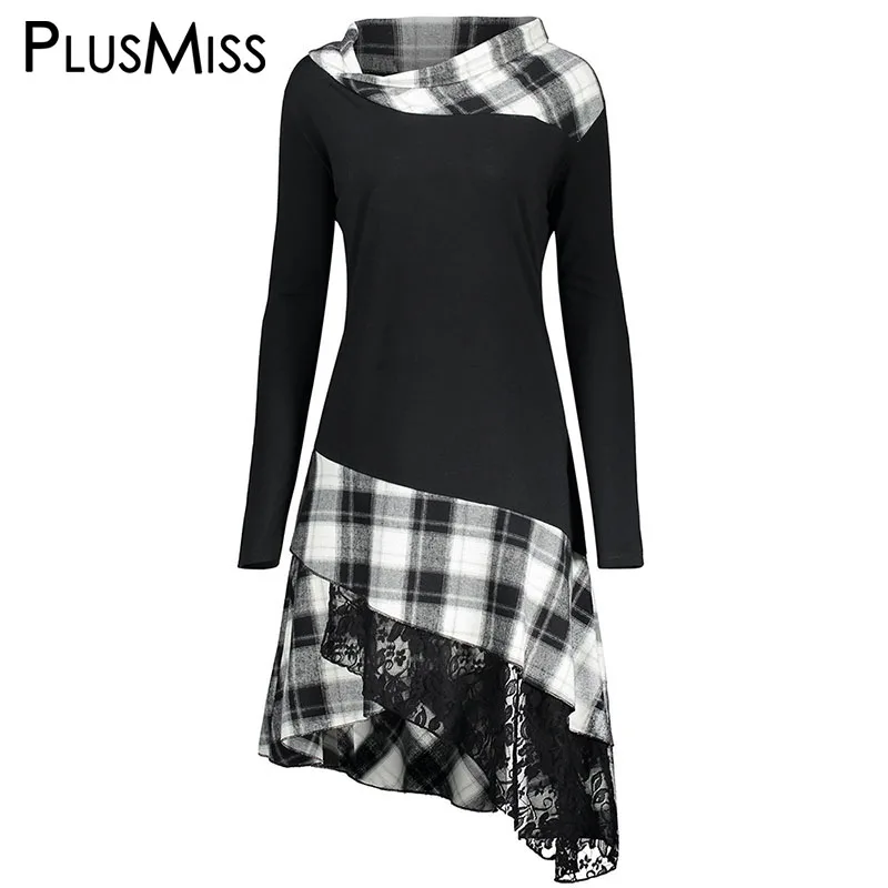 

PlusMiss Plus Size Plaid Lace Hoodies Sweatshirts Women Autumn Oversized Long Hoodie Big Size Hooded Outwear Winter Pullover