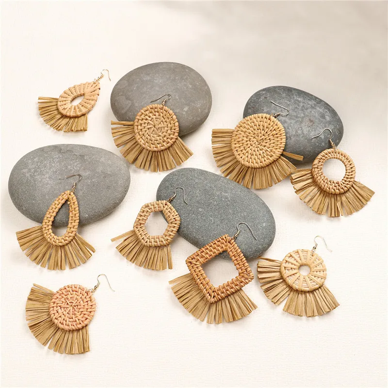 

100% handmade Rattan Straw Weave Dangle Drop Earrings for Women Vintage Tassel Lafite grass Raffia Braid Earrings Jewelry