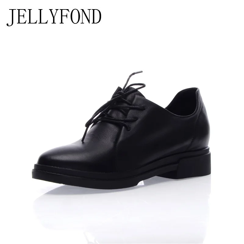 

JELLYFOND Brand Black Genuine Leather Women Oxfords Flats 2018 Handmade Natural Skin Low Heels Designer Casual Shoes Woman