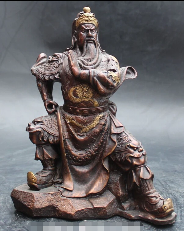 

003470 10" Chinese Bronze Gilt Dragon Guangong Guanyu Warrior God Sculpture Statue