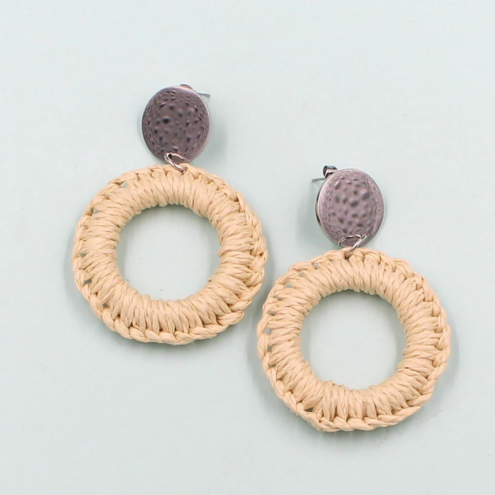 

Kakee Boho Trendy Wooden Straw Weave Vine Handmade Earring Geometric Round Drop Earrings for Women Gift Fashion Party Jewelry