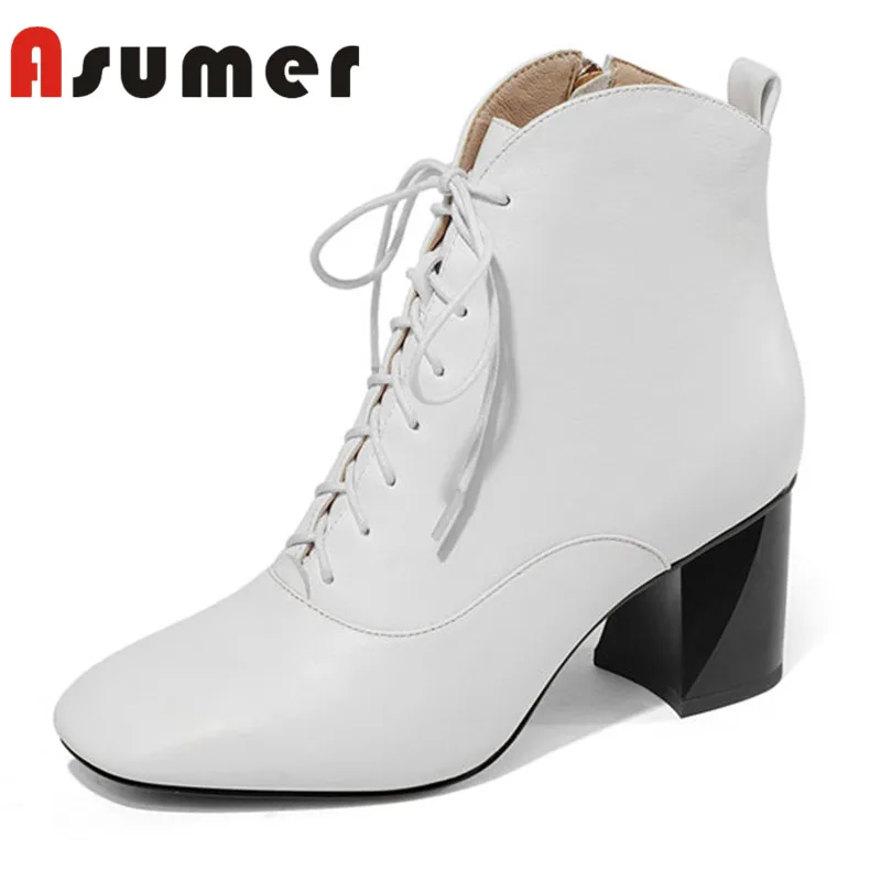 

ASUMER HOT SALE 2020 square toe ankle boots for women strange heels zip shallow boots high quality simple genuine leather boots