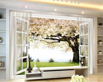 

beibehang Custom Silk Wallpaper hudas beauty Cherry Tree Window 3D Personality Background wallpaper for walls 3 d 3d wallpaper