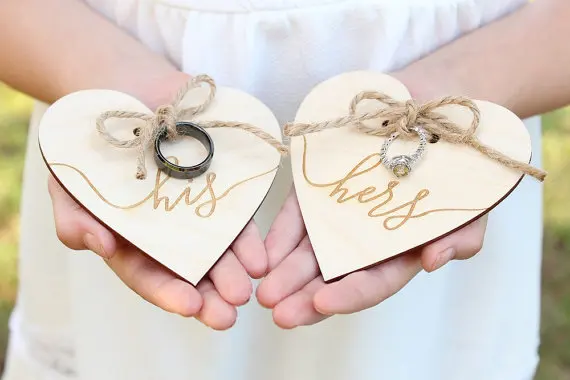 

His and Hers Wedding Ring Holders, Ring Bearer ,Engraved Wood Heart