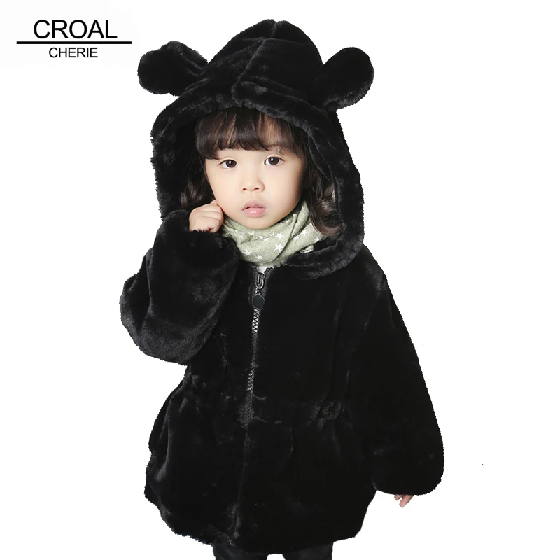 CROAL CHERIE 70-120cm Cute Bear Ear Winter Jacket Boys Hooded Flannel Warm Girls Coats Kids Infant Overcoat Black