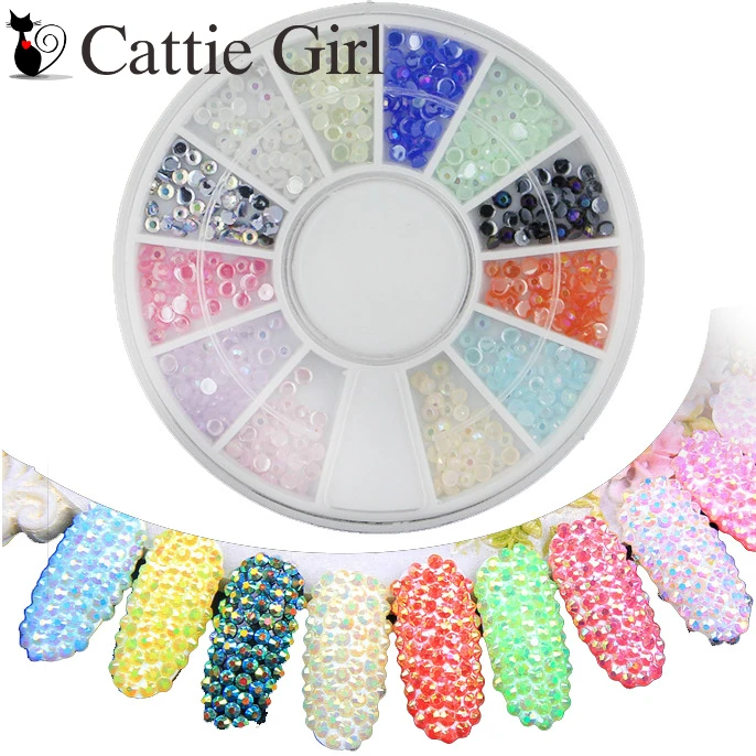 

1 Box AB Crystal Nail Accessories Round Wheel Studs Gold 3D Nail Art Decorations for Nail Gel Cattie Girl