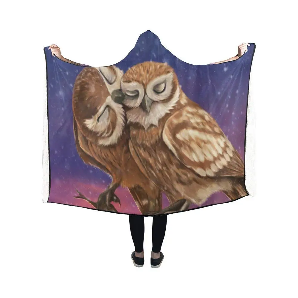 Hooded Blanket Cute Owls Pilling Polar Fleece Hooded Throw Wrapin