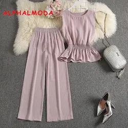 ALPHALMODA/Новинка 2019 года; Осенняя Офисная Женская блузка высокого качества в полоску; брюки; комплект из 2 предметов; эластичная резинка на