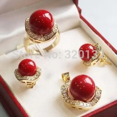 

Set 10mm &14mm red South sea Shell Pearl Earrings Necklace Ring 18K GP gold plated Hook Fast shipping