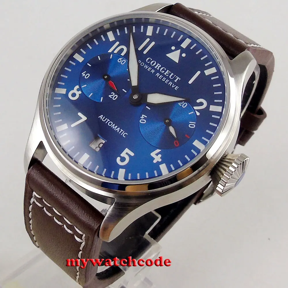 

42mm CORGEUT blue dial blue luminous date power reserve Automatic mens Watch 122