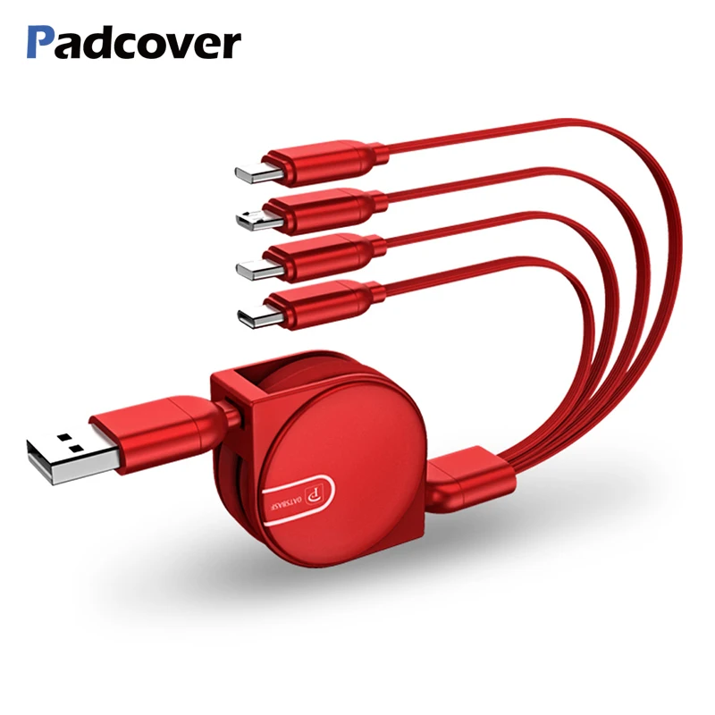 PADCOVER 4 في 1 كبل usb قابل للسحب الهاتف المحمول ل فون XS XR XS ماكس كابل نوع C المصغّر usb كابل ل كابل شاحن الهاتف