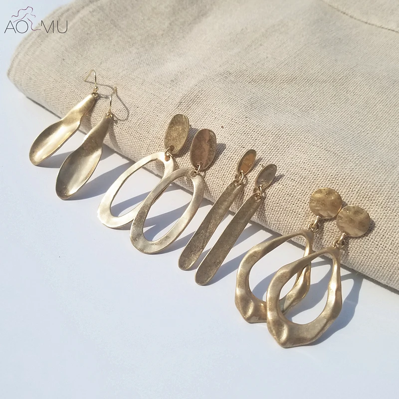 AOMU 2018 Design Vintage Exaggerate Irregular Fold Metal Round Oval Big Circle Earring Gold Thick Long Drop Earrings For Women