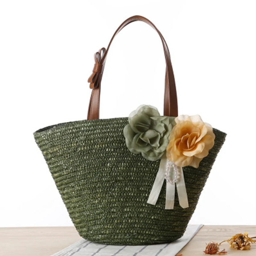 Japanese and Korean new pastoral two flowers braid women's solid color shoulder woven bag travel holiday beach bag