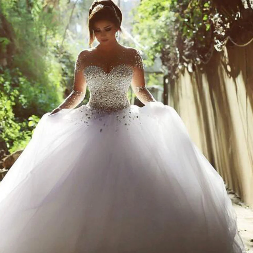 

2019 Gorgeous Wedding Dresses Crystal Beading Scoop Vestido de Noiva Tulle Long Sleeve Wedding Gown Bridal Dress Robe De Mariee