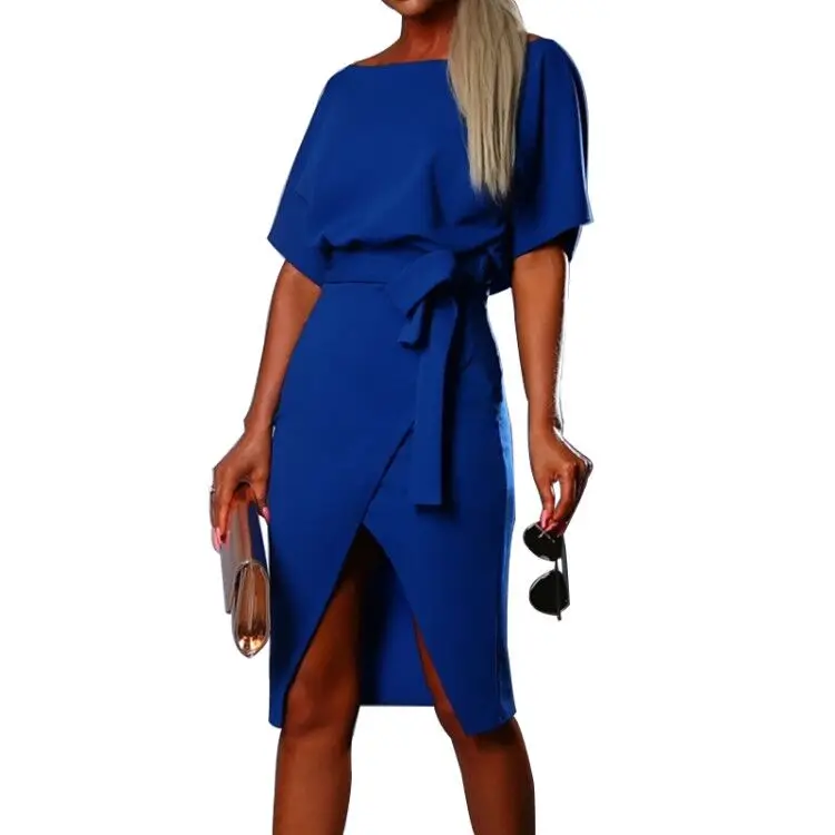 

Women Summer Dress Casual O-Neck Solid Sexy Front Split Short Sleeve Waist Dresses