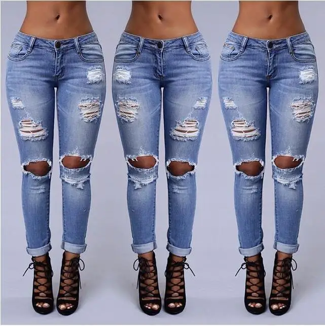Европа и Соединенные Штаты бутик Для женщин Новый стиль низкой талией рваные повседневные джинсы узкие стрейч хлопок брюки карандаш