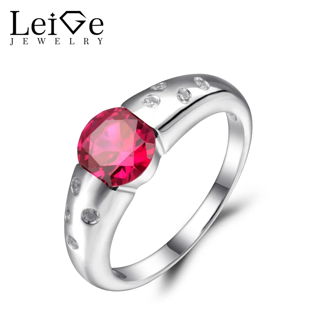 Leige Jewelry Rings Women Ruby Wedding Engagement Ring Round Cut