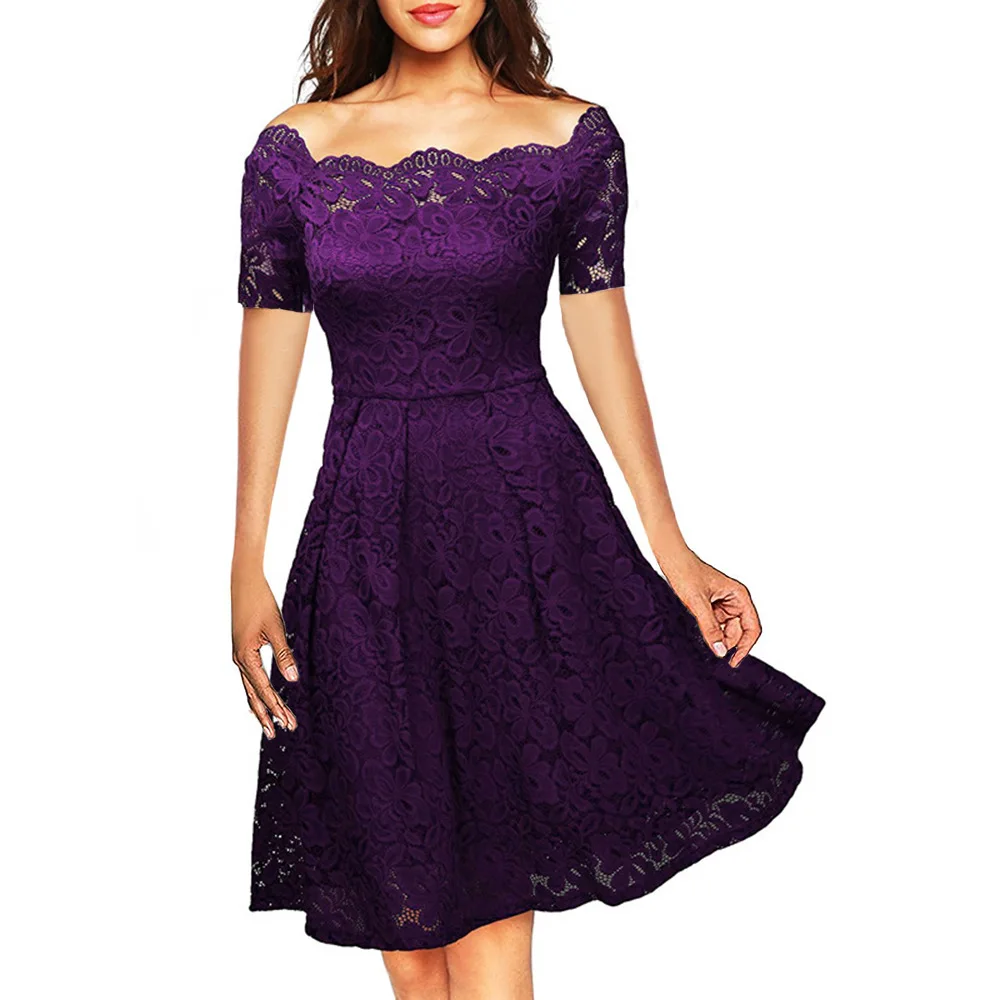 slash neck Lace Dress Women Knee Length Summer Dresses Fit and Flare ...