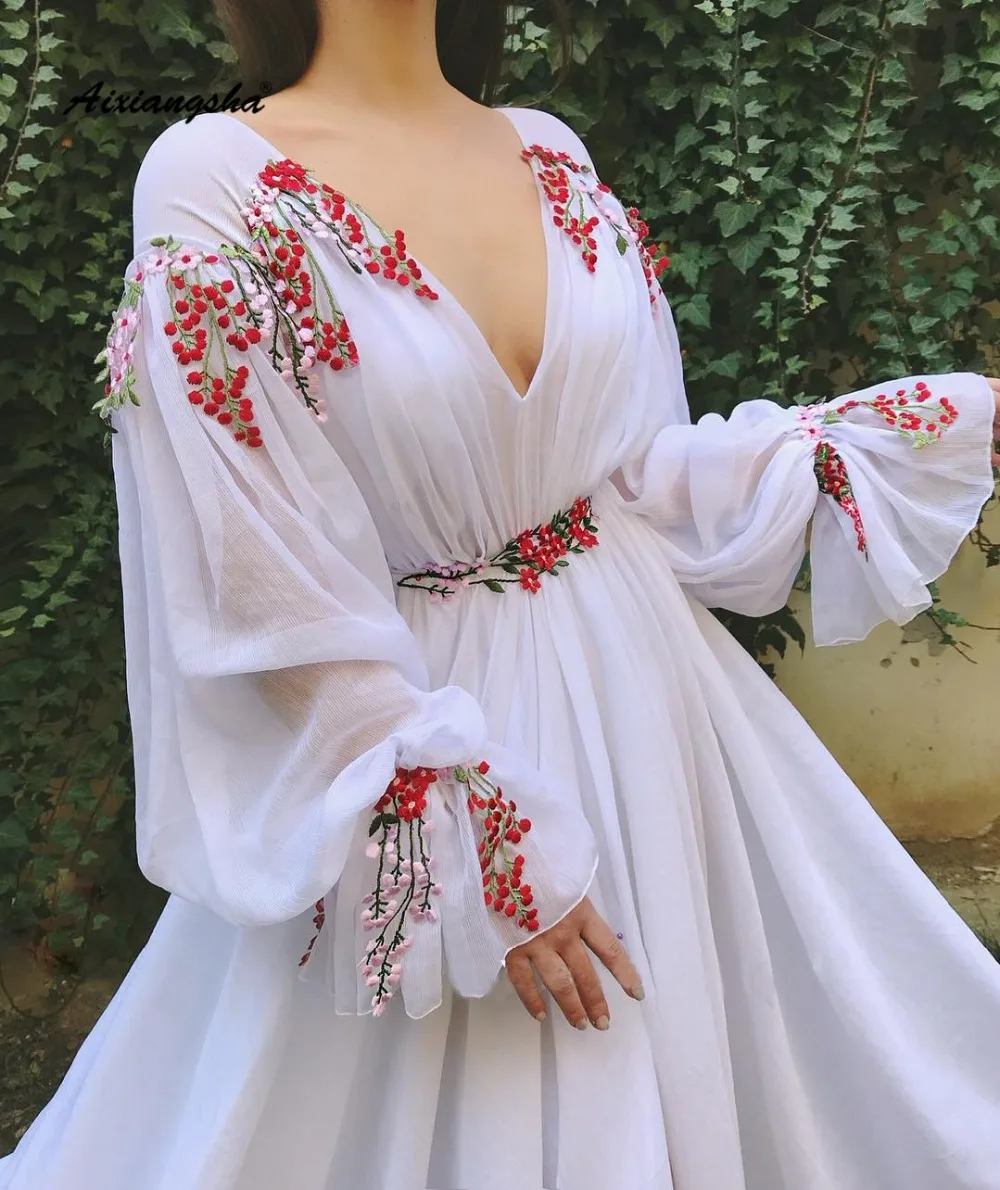 Мусульманское белое вечернее платье длинное шифоновое ТРАПЕЦИЕВИДНОЕ ПЛАТЬЕ С глубоким v-образным вырезом и рукавами с разрезом и кружевной аппликацией Специальные вечерние платья Vestidos