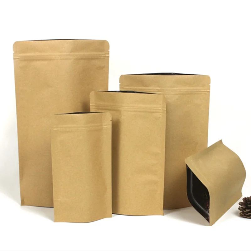 

100pcs/lot Brown Stand-up Kraft Paper Zip Lock Packaging Bag Snack Nuts Powder Pouch Gift Party Wedding Retail Craft Paper Bag