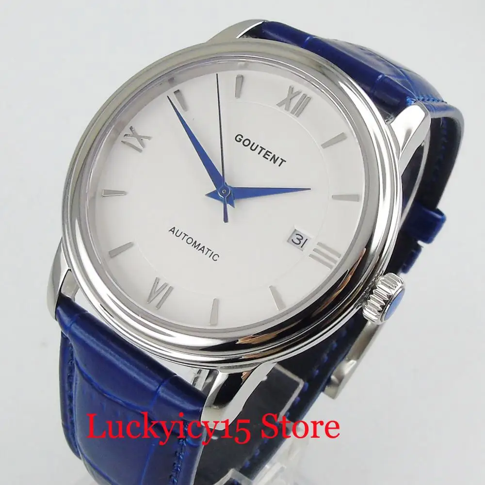 Fashion Round Automatic Men's Watch High Quality 40mm Polished Case Blue Leather Strap | Наручные часы