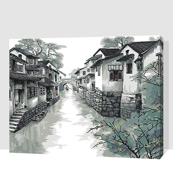 

MaHuaf-X102 Framed Vintage wall painting by numbers paint canvas DIY oil 40x50cm hand painted wall art picture Ink China town